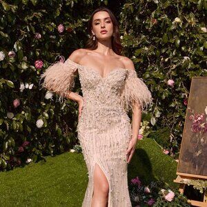 NEW LONG GALA OFF SHOULDER PEARLS EMBELLISHED MERMAID DRESS W/ V-NECK CD MA102